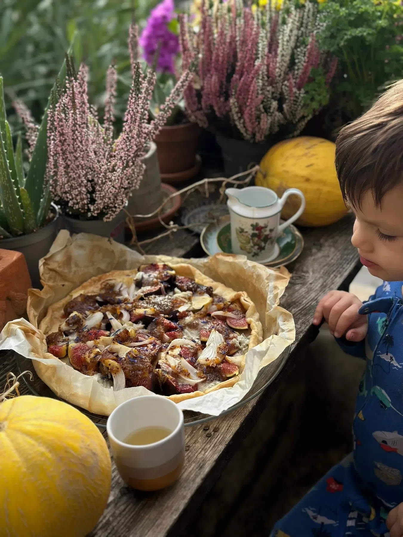 Homemade fig tart on a garden table