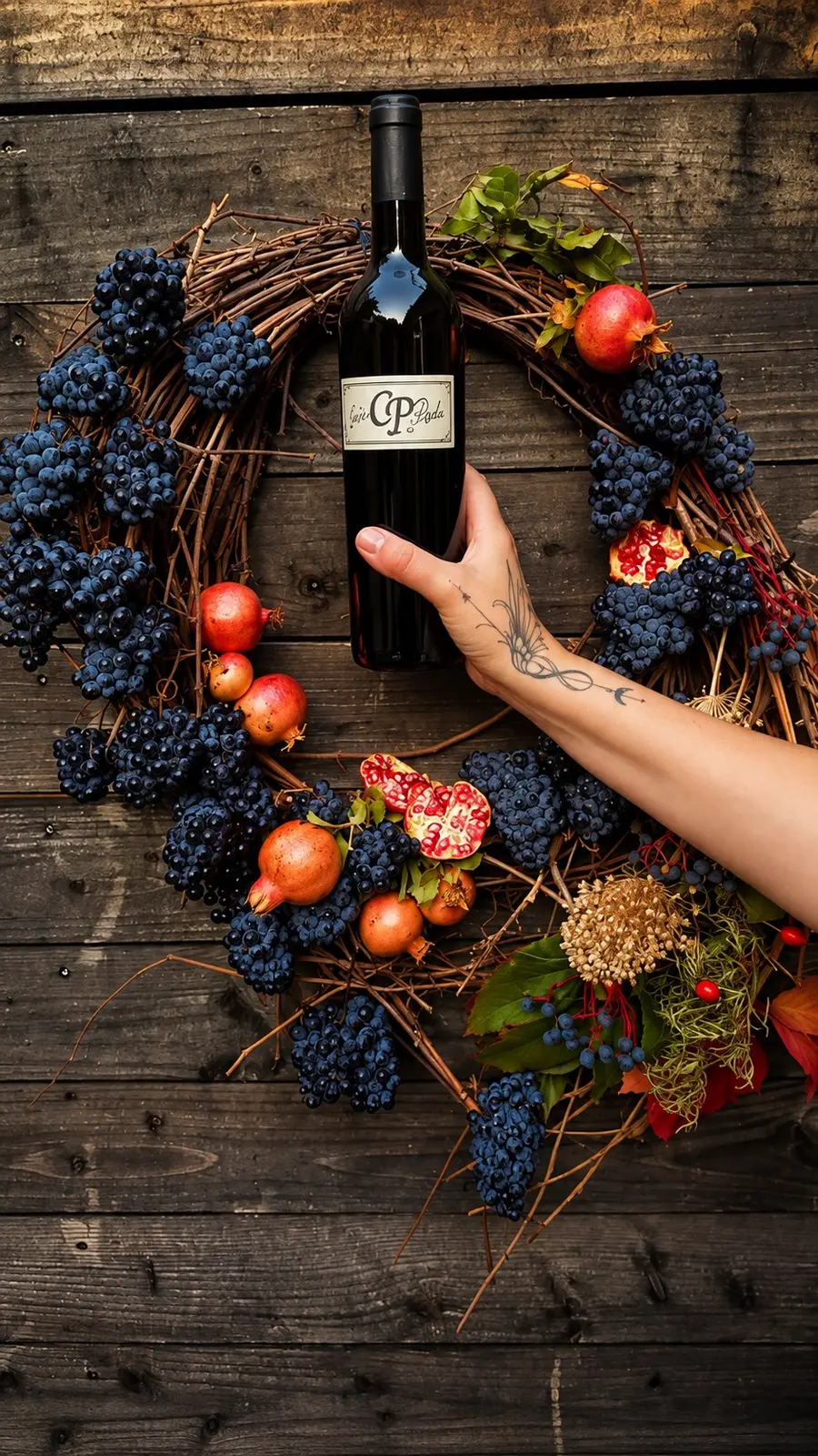 A bottle of wine with autumn fruit and grapes on a wooden table