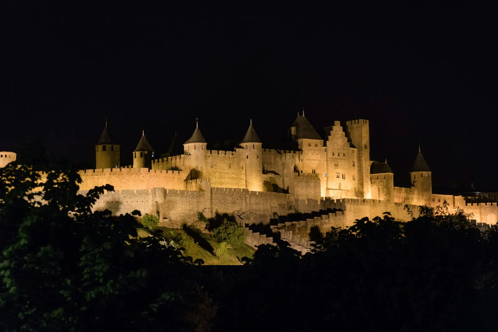 The illuminated citadel of Carcassonne at night